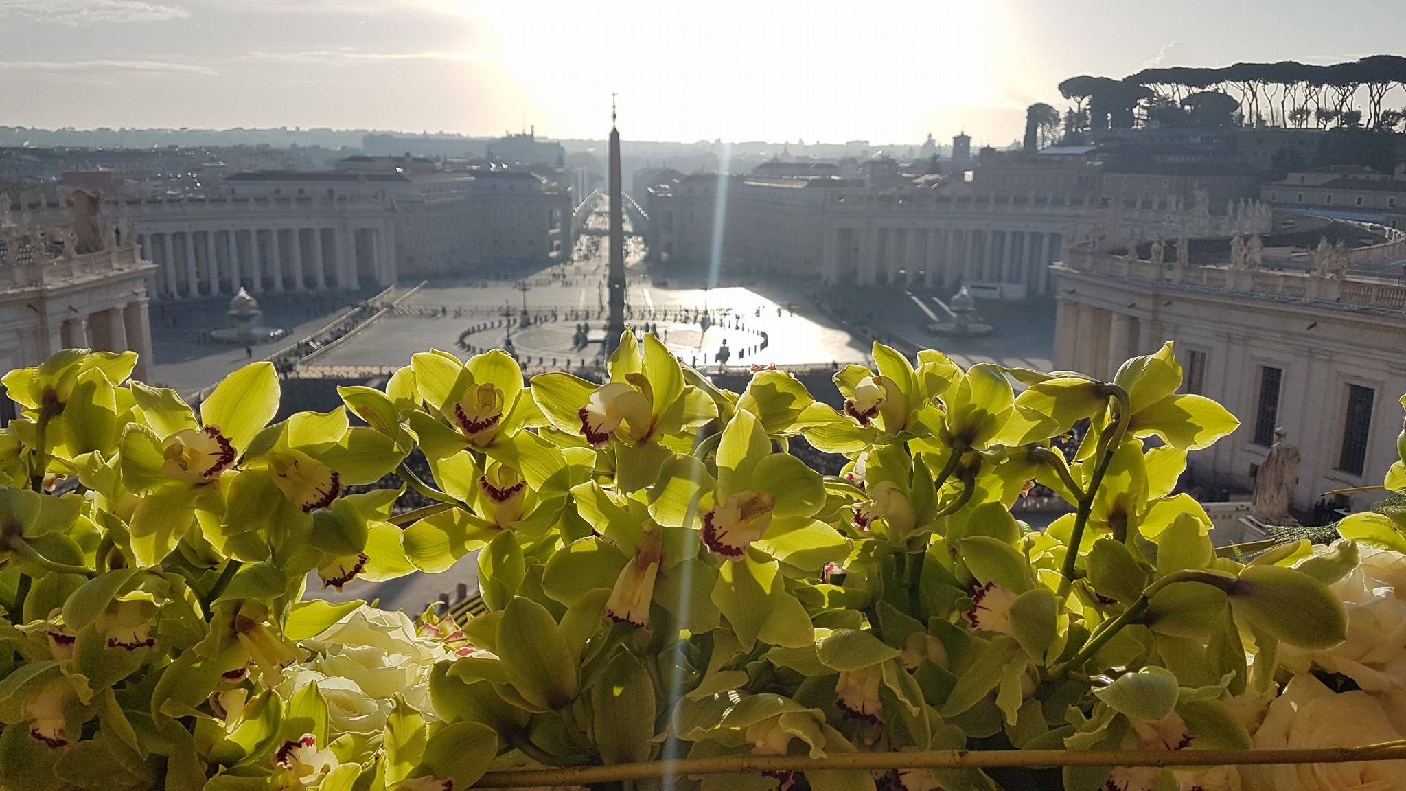 Een blik op het plein vanaf het balkon getooid met o.a. groene cymbidiums.